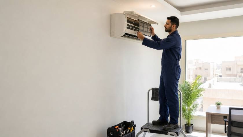 Technician servicing an indoor wall-mounted AC unit during a maintenance visit
