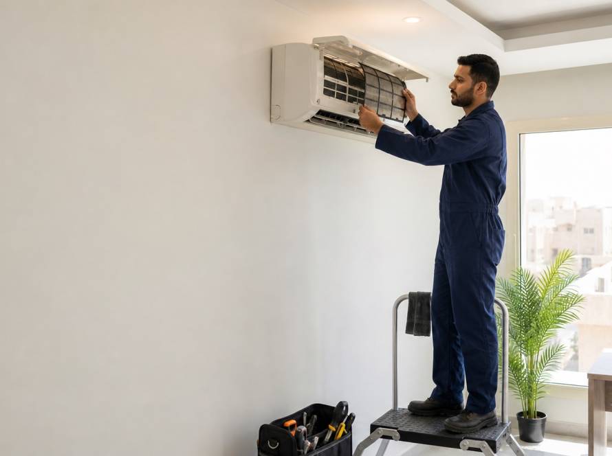 Technician servicing an indoor wall-mounted AC unit during a maintenance visit