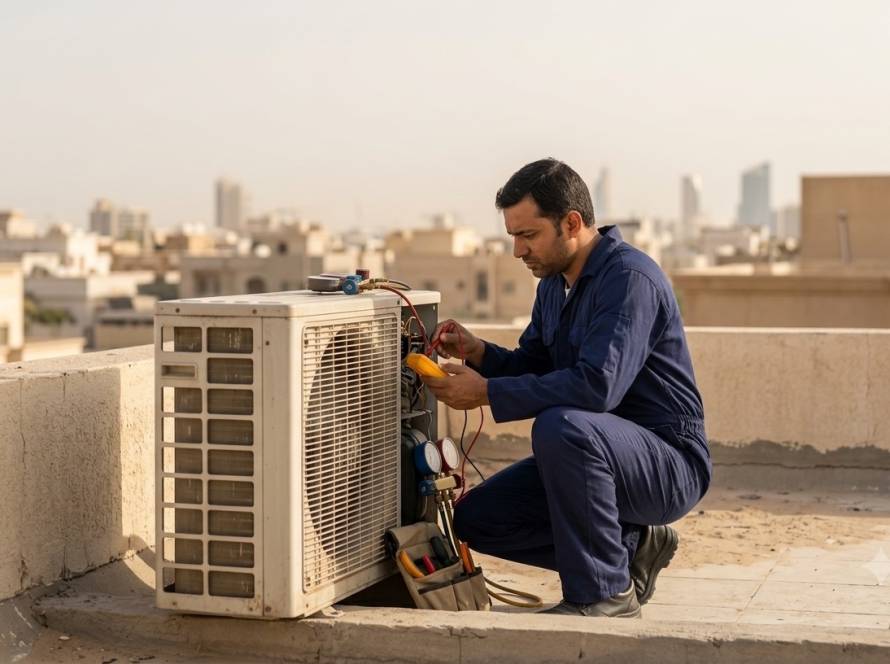 AC repair technician diagnosing a rooftop condenser unit in Kuwait