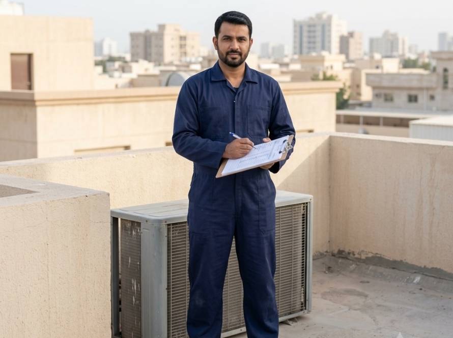 Technician completing a scheduled AC inspection on a Kuwait rooftop