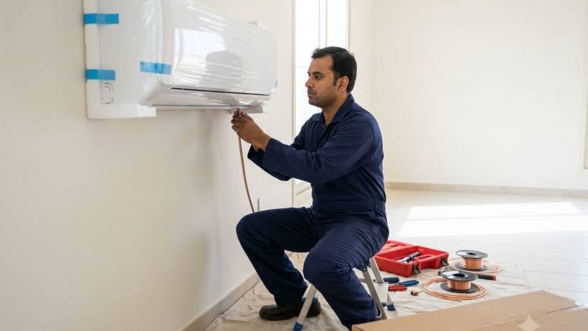 New AC unit being installed on a wall, still wrapped in protective packaging