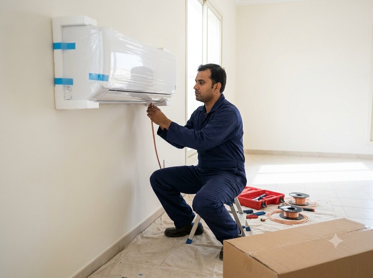 New AC unit being installed on a wall, still wrapped in protective packaging