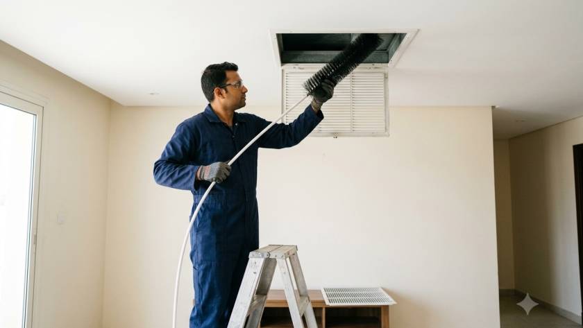 Technician cleaning an open ceiling air duct vent with a brush
