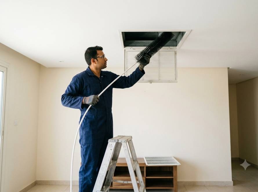 Technician cleaning an open ceiling air duct vent with a brush