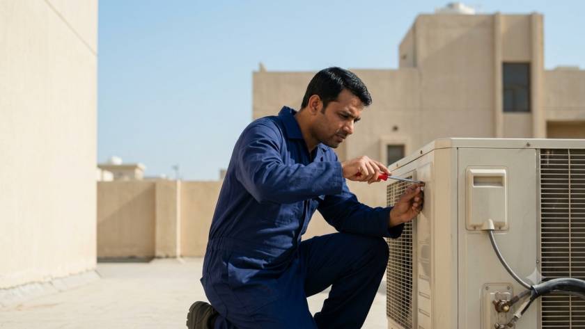 AC technician using a screwdriver to service an outdoor condenser unit