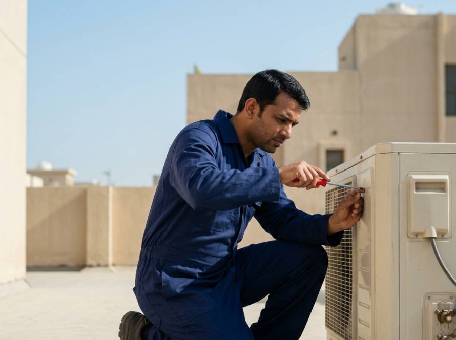 AC technician using a screwdriver to service an outdoor condenser unit