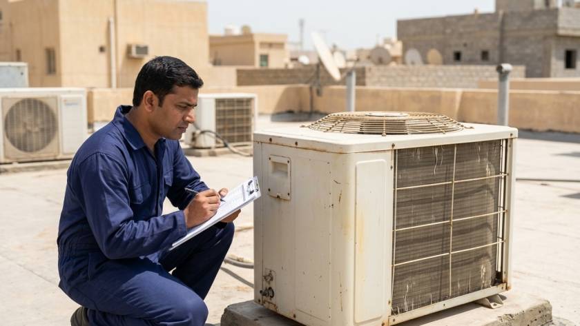 An older, weathered outdoor AC unit being inspected for possible replacement
