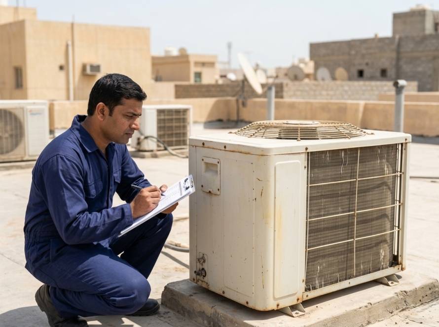 An older, weathered outdoor AC unit being inspected for possible replacement