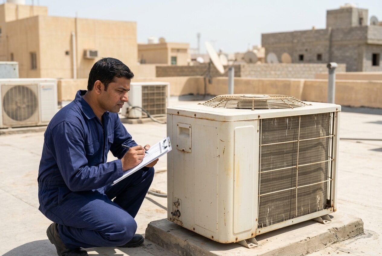 An older, weathered outdoor AC unit being inspected for possible replacement