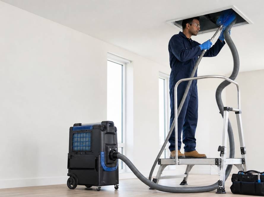 Technician cleaning an air duct vent using a ladder platform