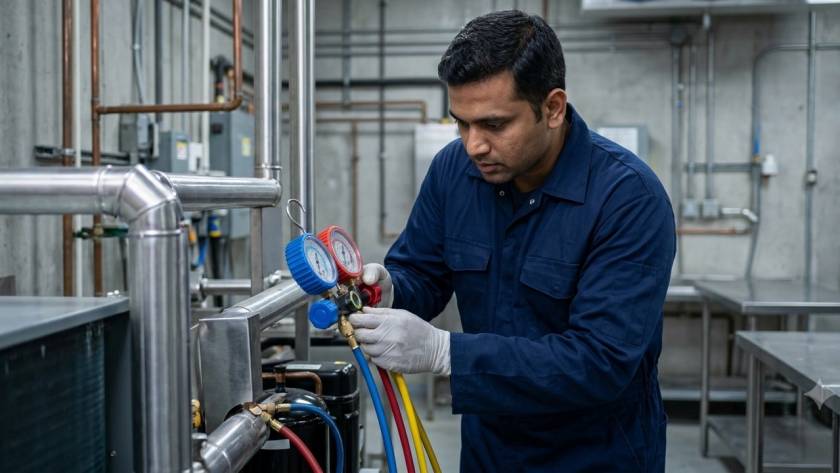 Technician checking refrigerant gauge readings on a commercial refrigeration unit