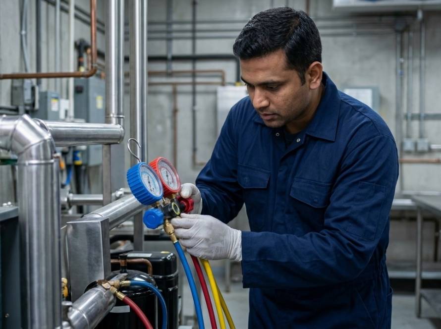 Technician checking refrigerant gauge readings on a commercial refrigeration unit