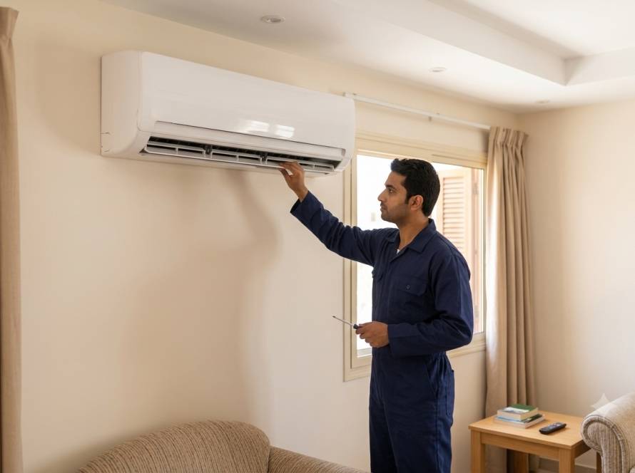 AC technician servicing a wall-mounted split unit in a Kuwait home