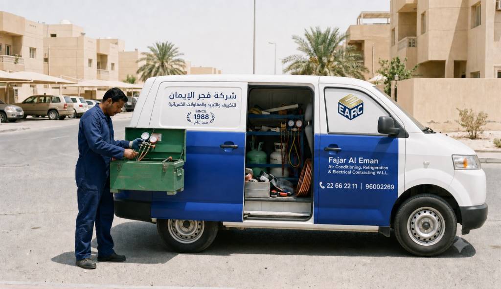 Fajar Al Eman branded service van and technician preparing for a call in Kuwait