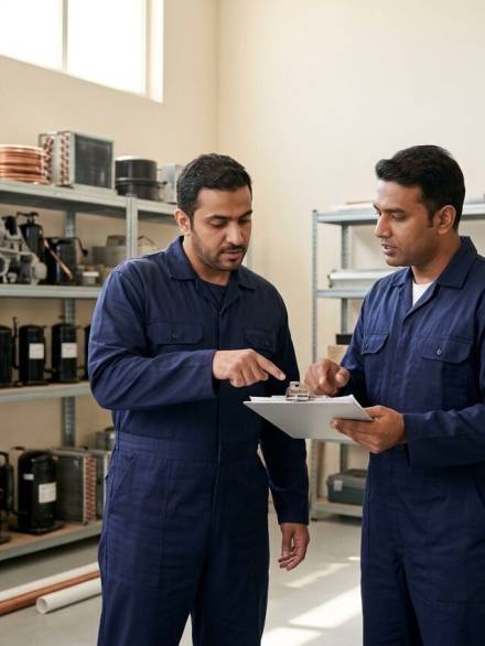 AC technicians reviewing a maintenance schedule in Kuwait